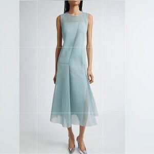Akris Asymmetric Sleeveless Pleat Techno Midi Dress in Stone Blue.